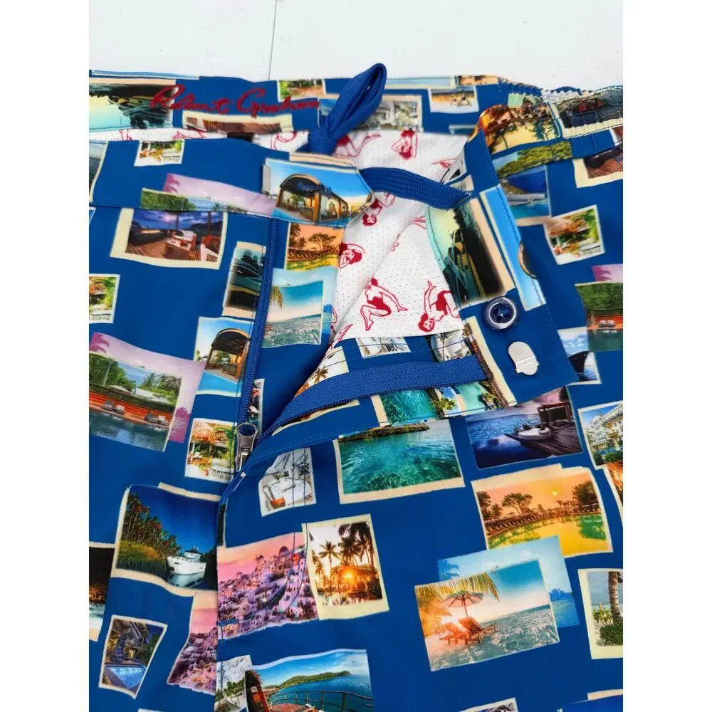NWT Robert Graham Quick Dry Blue Postcards Swim Trunks Size XL